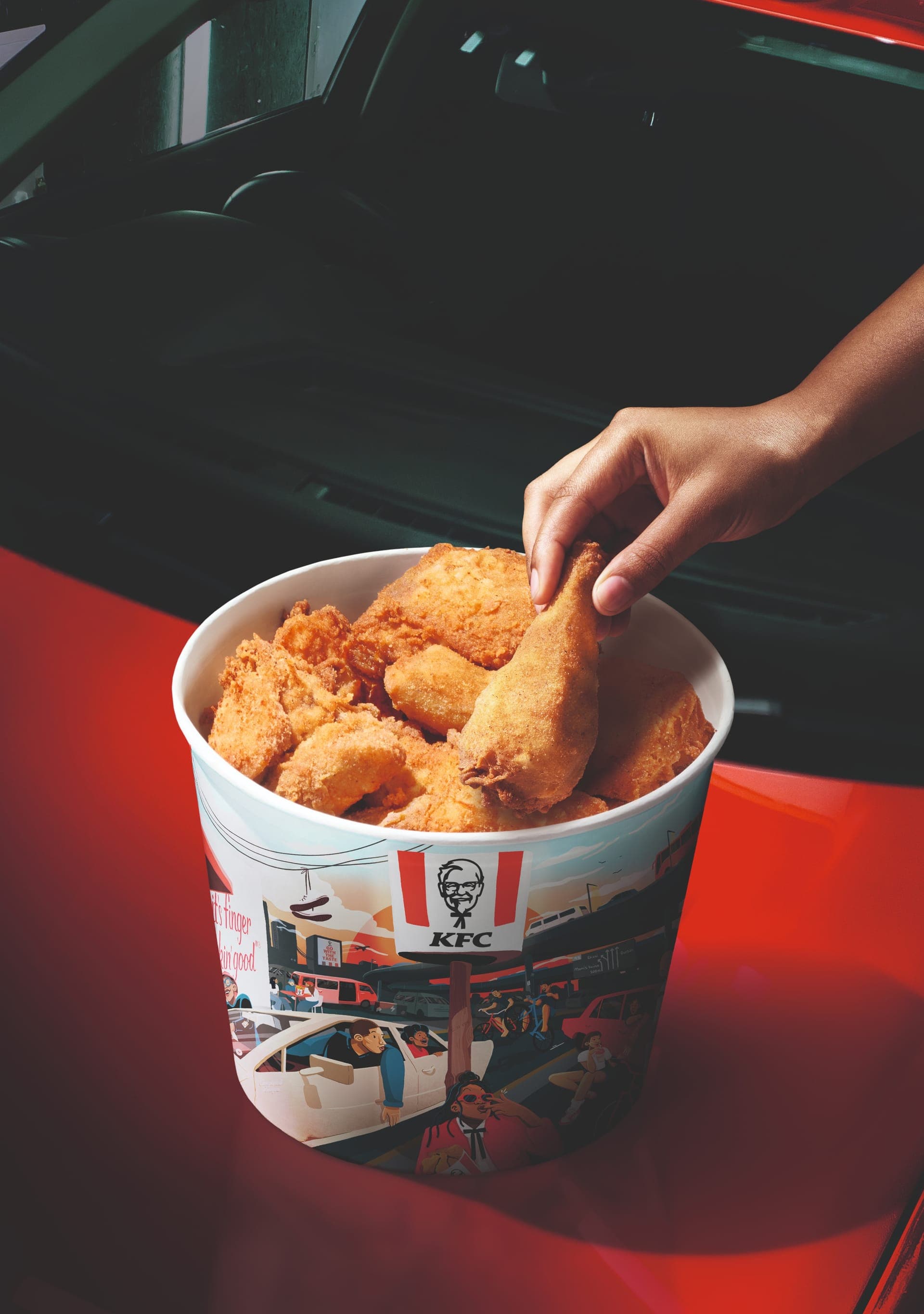 A freshly prepared KFC bucket meal
